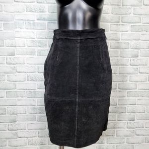 Vintage 90s Pelle Womens M Black Suede Leather Pencil Straight Knee Length Skirt